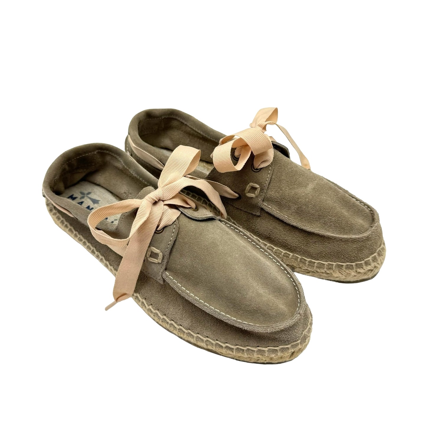 Manebi Nwb Hamptons Taupe Suede Leather Ribbon Tie Slip On Casual Boat Shoes — image 8 of 8